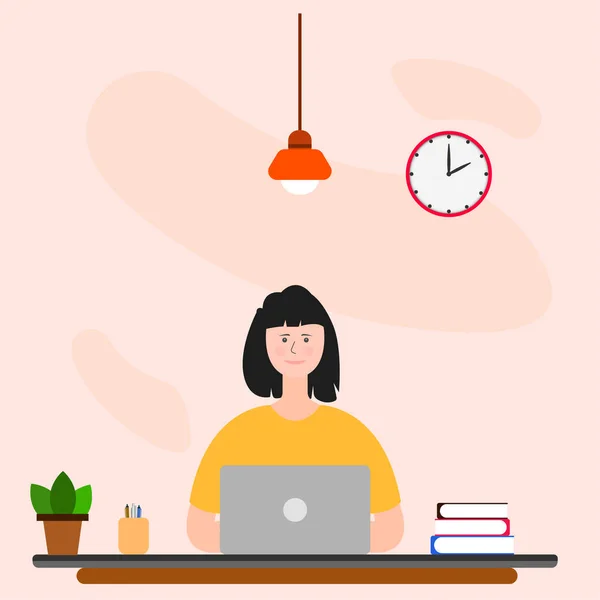 机の上で働く女性 彼女のラップトップの屋内に座っている女性 フリーランス ビジネスウーマン アイデアの概念 — ストックベクタ