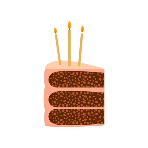 ココアケーキのスライス それにろうそくを燃焼 ポストカードステッカーのためのデザイン 誕生日のアイデアコンセプト キャンドル吹いてアイデア — ストックベクタ