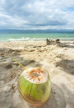 Freshly opened for drinking healthy coconut water. In the shade on a lazy tropical beach in the Philppines islands,with white,fine sand,clear blue sea,palm trees,clean,un-polluted,serene,idyllic and relaxing.