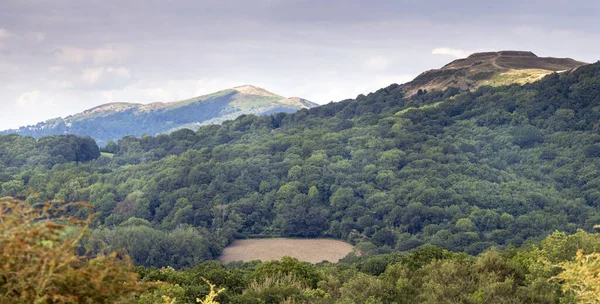 美しい夏のシーンのパノラマ マルバーン丘の範囲 距離のワースターシャービーコン 早朝の日光 山に輝く 緑豊かなイングランドの田園地帯の間で有名なランドマーク — ストック写真
