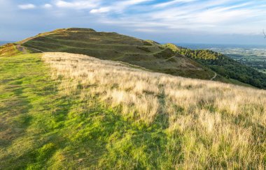Güzel yeşil çimen tepe yürüyüş yolunu kaplamış kuzeye doğru antik Demir Çağı kalesine ve Worcestershire 'daki ikonik tepe sırasına doğru gidiyor..