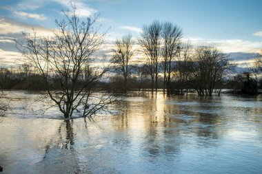 Significant flooding from rain water pouring into the Severn river,covering fields and pathways, from sourounding hills and countryside after prolonged winter,New Year precipitation,at sunset.