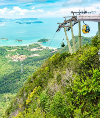 Langkawi Island,Malaysia-May 02 2023: Also known as Langkawi Sky Cab,a gondola lift and major attraction on the Island,it takes many tourists,to walk the Sky Bridge,and take in views of the island. clipart