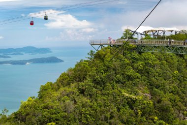 Langkawi teleferikleri, çelik kablodan görülen uzay manzarası boyunca ilerleyip köprü olarak kaldı. Langkawi 'deki en yüksek ikinci dağ olan Mat Cincang' ın orman tepelerinin üzerinden geçti..