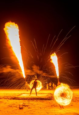 Langkawi Island,Malaysia-May 05 2023: In the evening,after sunset,talented fire artists perform impressive fire eating and flame breathing manoeuvres,in front of tourists seated on the sand. clipart