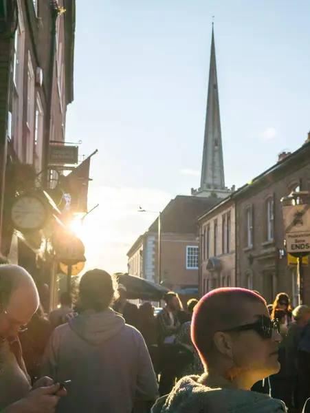 Stock image Worcester,England/UK-September 14 2024: People attending the annual celebration of live music,socialize and mingle,outside a popular Worcester city center pub.