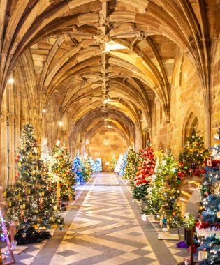 More than 150 brightly lit,decorated Cristmas trees,donated by schools,charities,community groups and local businesses,illuminate the passageways,surrounding the cloister of the historic Cathedral. clipart