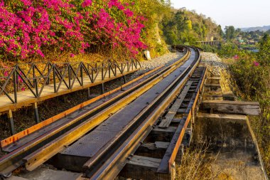 Tek tren yolu, güzel pembe çiçeklerin yanındaki istasyon platformlarından uzağa uzanıyor, ve ilerideki resim gibi manzara, kölelik kullanılarak inşa edilmiş, karanlık, ikinci dünya savaşı tarihiyle çelişiyor..