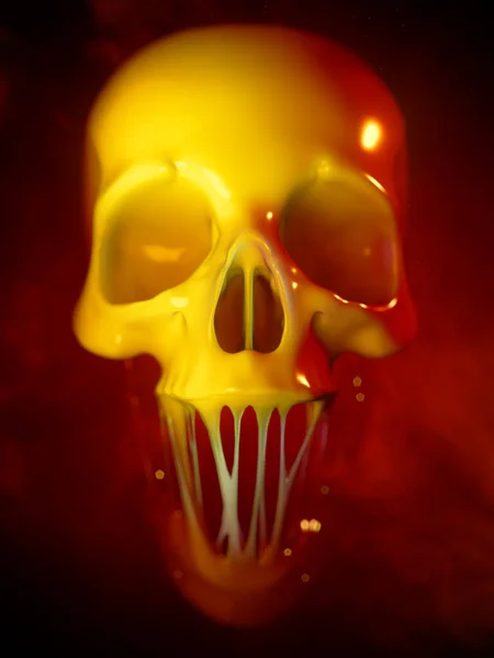 赤い煙の雲に囲まれた凝集した顎を持つ黄色の光沢のある頭蓋骨 フィールドの深さ 現代的な概念の背景 創造的な概念 3Dレンダリングデジタルイラスト — ストック写真