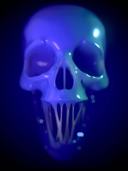 蓝色的闪闪发光的颅骨咀嚼口香糖 一种致命的甜蜜的意象 具有实地效果深度的数字图像 摘要背景 趋势3D渲染广告 — 图库照片