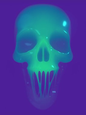 Neon colored glittery skull chewing gum. An imagery of deadly sweetness. Creative concept design. Trendy template. Modern 3d rendering digital illustration background