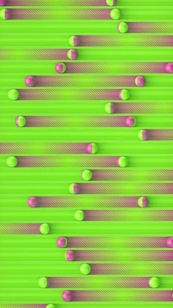 色彩斑斓的球在明亮的绿色沟槽上滚动 留下一道紫色的渐变痕迹 几何抽象艺术背景 3D渲染数字图像 — 图库照片