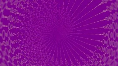 Mor zemin üzerinde kaotik olarak dönen düz daireler ve karelerin spiral ıraksak dalgası. Soyut yaratıcı tasarım arka planı. Dijital dikişsiz döngü animasyonu. 3D görüntüleme. 4K, Ultra HD çözünürlüğü