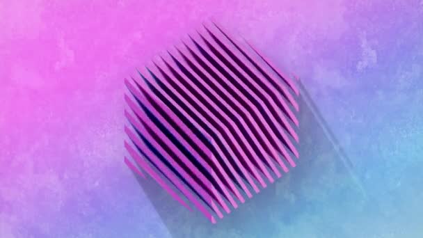 Izometrická Projekce Světlé Krychle Módním Neonovým Gradientem Rozdělená Tenké Plátky — Stock video