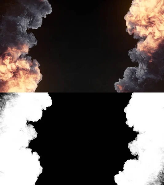 Echte Gigantische Feuerexplosionen Dunkle Rauchspuren Auf Schwarzem Hintergrund Abstraktes Kreatives — Stockfoto