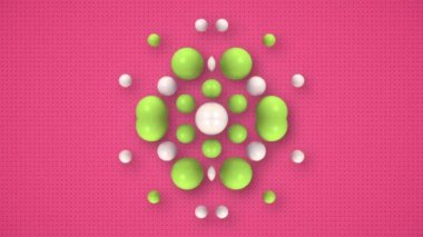 Pembe yüzeyde yeşil ve beyaz parlak inci kürelerin deseni. Merkezi simetrik bileşim. Optik yanılsama. Dijital dikişsiz döngü animasyonu. 3D görüntüleme. HD çözünürlüğü