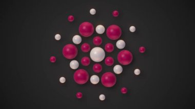 Optik yanılsama, siyah arkaplanda kırmızı ve beyaz boncuklar. Dijital sanat. Üretken sanat. Merkezi dairesel kompozisyon. Kusursuz döngü animasyonu. 3D görüntüleme. HD çözünürlüğü