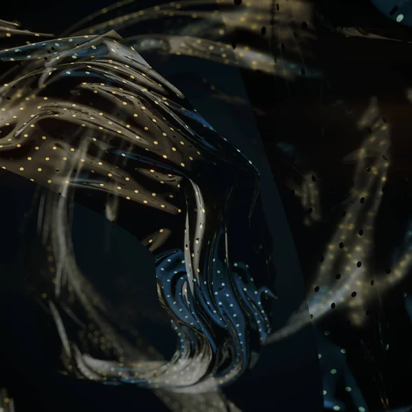 Летающие Кольца Полупрозрачной Ткани Рисунком Золотой Горошек Гламурный Темный Фон — стоковое фото