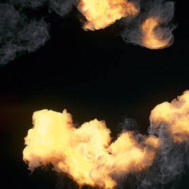 Arkaplanda yangın patlaması ve duman izleri olan bir kompozisyon. Moda şablonu. Konsept tasarım için soyut arkaplan. 3d dijital resimleme