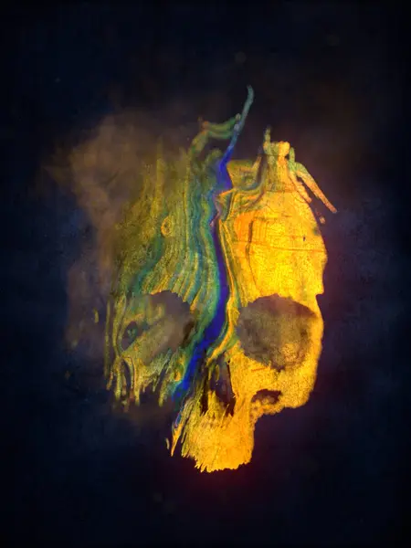 Мистический Силуэт Черепа Волнистой Плавающей Красочной Текстурой Появляющейся Темноты Глубиной — стоковое фото