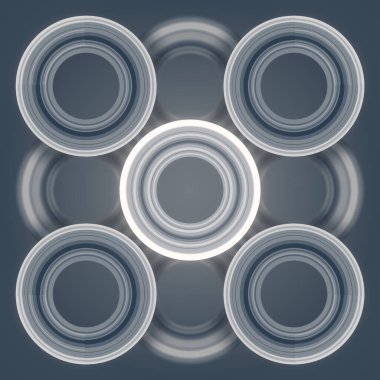 Koyu gri arkaplanı olan bir grup daire. Üretken sanat. Dinamik yakın çekim. Yaratıcı tasarım. 3d dijital resimleme