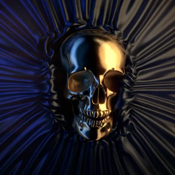 An exquisite golden skull emerges from the shadows of a shiny dark cloth. Noble and expensive background. 3d rendering digital illustration