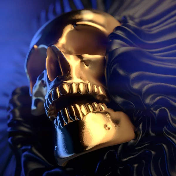 Abstract fantasy digital illustration of a golden human skull emerging from folds of dark shiny fabric. 3d rendering