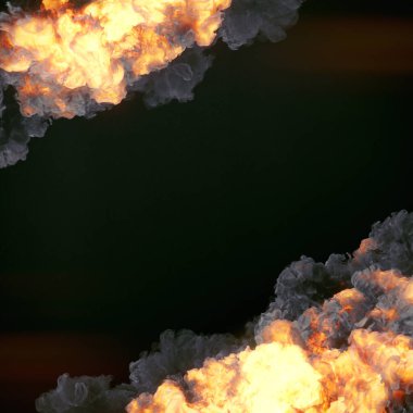 Siyah arka planda ateş patlaması ve siyah dumanlı kompozisyon. Moda şablonu. Konsept tasarım için soyut arkaplan. 3d dijital resimleme