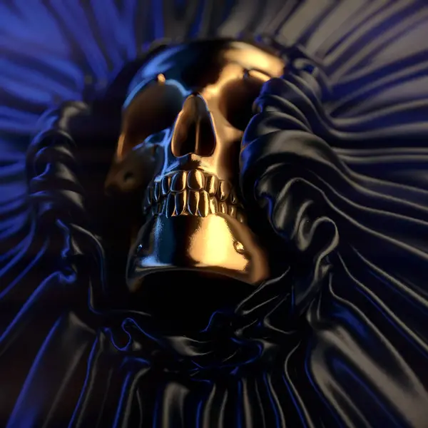 Luxurious golden skull in folds of shiny dark fabric. 3d rendering digital illustration