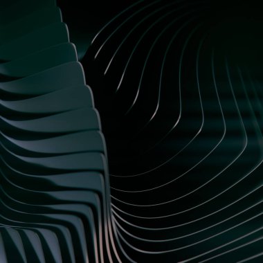 Görsel olarak karmaşık bir kompozisyon oluşturan kavisli çizgiler ve şekillerden oluşan karmaşık bir soyut şablonun koyu renkli dijital çizimi. 3d oluşturma