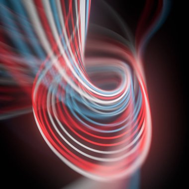 Mavi, kırmızı ve beyaz renkleri birleştiren renkli 3D çizim. Bileşim, dinamik ve görsel olarak çekici bir model oluşturan bir dizi eğri çizgi ile karakterize edilir.