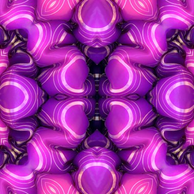 Canlı mor bir renk şemasında simetrik bileşim ve görsel olarak çekici bir şekilde düzenlenmiş altın halkalar deseniyle dekore edilmiş. 3d dijital resimleme