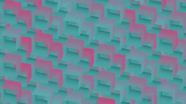 Yeşil arka planda renkli geometrik şekiller. Dijital sanat. Açık pembe ve yeşil renk kombinasyonu. Kusursuz döngü animasyonu. 3D görüntüleme. 4K, Ultra HD çözünürlüğü