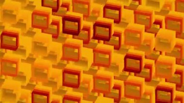 Parlak sarı-turuncu kare desenleri. Üretken sanat. Dijital dikişsiz döngü animasyonu. 3D görüntüleme. 4K, Ultra HD çözünürlüğü