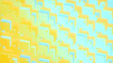 Parlak sarı-mavi arkaplandaki karelerin soyut bileşimi. Üretken sanat. Isometric projeksiyon. Dijital dikişsiz döngü animasyonu. 3D görüntüleme. 4K, Ultra HD çözünürlüğü