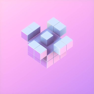 Herhangi bir medya projesine fütüristik bir görünüm verecek mor ve mavi kare şekilli modaya uygun ve soyut geometrik arkaplan. Çekici tasarım. 3d dijital resimleme