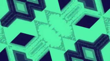 Küp ve piramitlerin koyu mavi ve mor bir kombinasyonunu andıran birbirine bağlı üç boyutlu bir dizi geometrik deseni olan dijitalsiz döngü animasyonu. 3D görüntüleme 4K