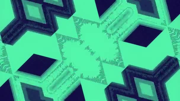 デジタルシームレスループアニメーションは ダークブルーとパープルのキューブとピラミッドの組み合わせに似た一連の相互接続された3次元形状の幾何学的パターンを備えています 3Dレンダリング — ストック動画