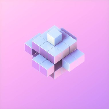 Parlak renkli karelerden oluşan bir küp şeklindeki soyut geometrik figürle son moda neon arka plan. Renkli kompozisyon. 3d dijital resimleme