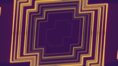Koyu mor arka planda hareket eden turuncu ışık çizgilerinin simetrik geometrik desenli dijitalsiz döngü animasyonu. Soyut ve modern tarzda. 3D görüntüleme. 4K, Ultra HD çözünürlüğü