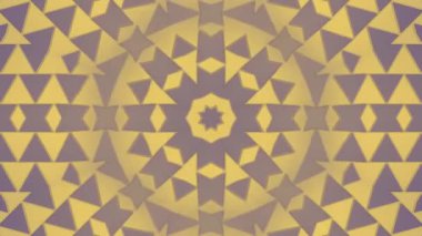 Üçgenleri sarı-mor renkte dönüştüren kaleydoskop. Geometrik şekillerin ve figürlerin dinamik bir kalıbının optik yanılsaması. Dijital dikişsiz döngü animasyonu. 3D görüntüleme. 4K UHD çözünürlüğü