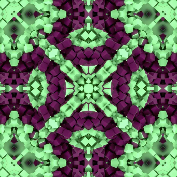 Digital Illustrasjon Med Symmetrisk Mønster Spredte Flerfargede Kuber Grønt Lilla stockbilde
