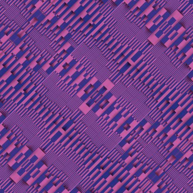 Pembe ve mor renkli geometrik şekillerin büyüleyici dalga benzeri üç boyutlu dijital çizimi. Uyumlu ve görsel olarak çarpıcı bir manzara.