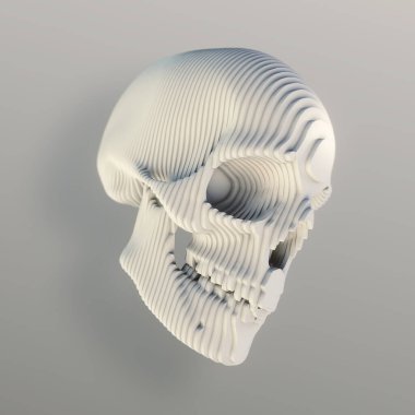 Açık gri arkaplan üzerinde beyaz madde katmanlarından oluşan bir kafatasının 3D görüntülemesi