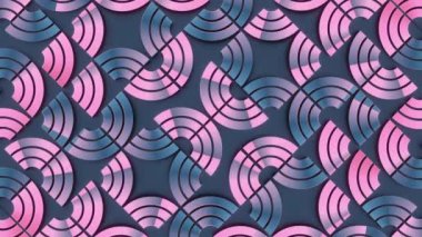 Soyut dalgaları andıran tekrarlayan şekillerin 3 boyutlu canlandırma döngüsü. Renk paleti koyu mavi, pembe ve beyaz bir kombinasyondur. Modern ve grafik stili 4K