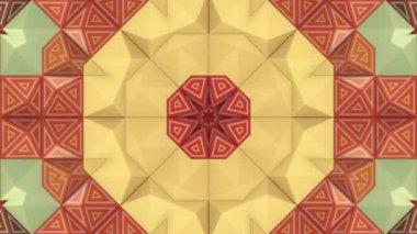 Bir geometrik desen, kaleydoskopik bir etki yaratır ve turuncu, sarı ve yeşilin gölgeleri de dahil olmak üzere birbirine dolanmış farklı renk şekillerinden oluşur. Dijital döngü animasyonu. 3D görüntüleme 4K