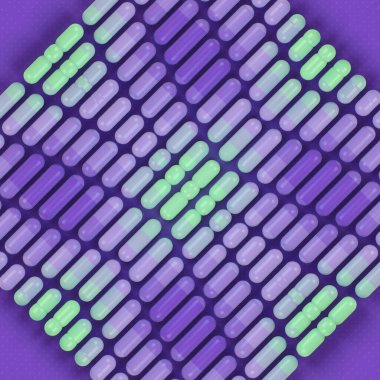 Koyu arkaplanda bir kareye yerleştirilmiş mor ve yeşil renkli kapsüllerin dijital çizimi. Simetrik bileşim. 3d oluşturma