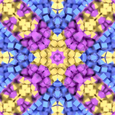 Küçük çok renkli küplerin simetrik kaleydoskopik desenini içeren dijital illüstrasyon. Renk paleti mavi, mor, sarı ve pembe tonlarından oluşur. 3d oluşturma