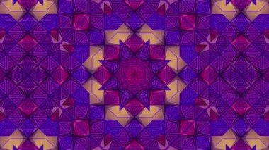 Mor, sarı ve pembe tonlarıyla kesişen şekil ve çizgilerin simetrik bir geometrik deseni. Dijital dikişsiz döngü animasyonu. 3D görüntüleme. 4K, Ultra HD çözünürlüğü