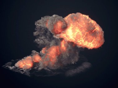 Parlak alevler ve karanlık arka planda dalgalanan dumanla gerçekçi bir patlama. 3d dijital resimleme